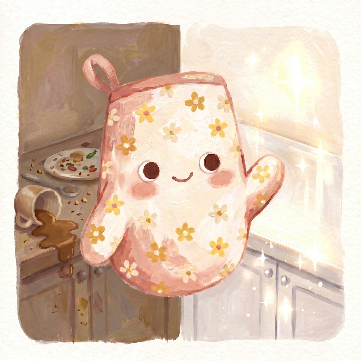 Chorefriend mascot in a tidy kitchen